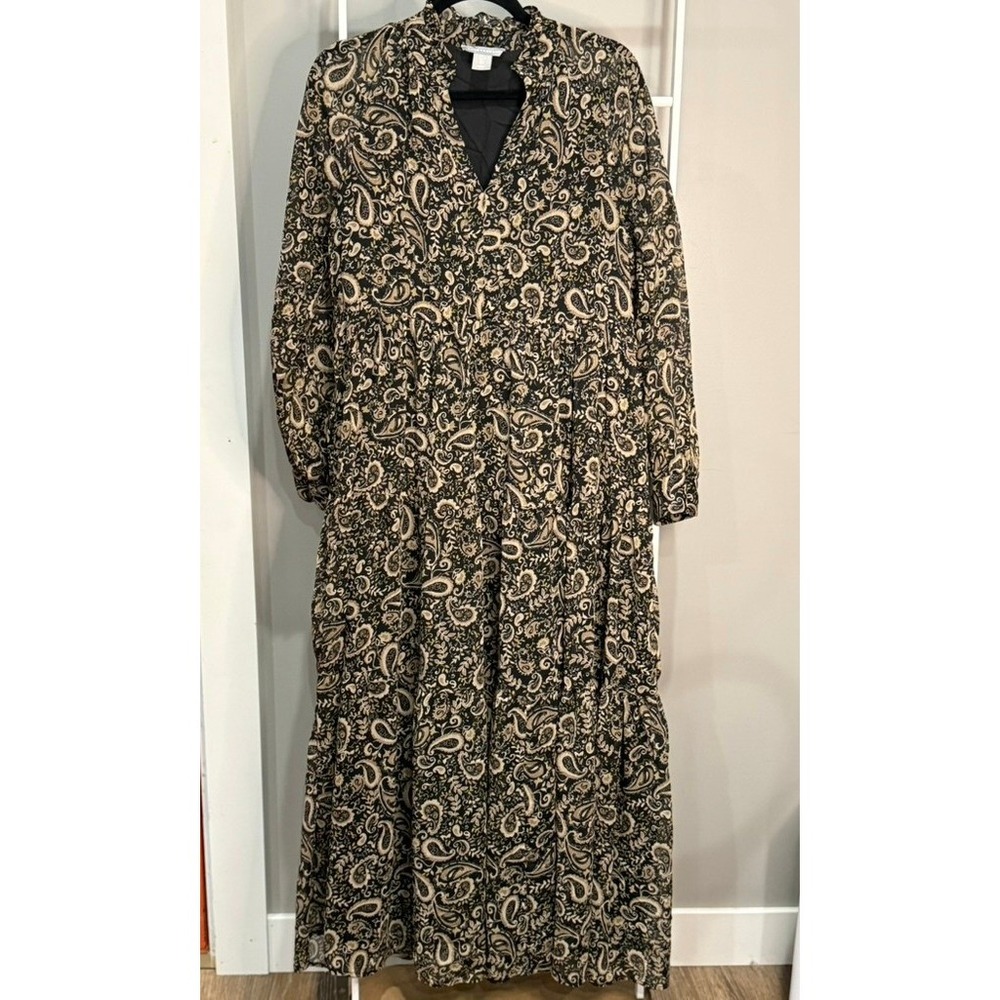 Lucky Brand Black Tan Paisley Tiered Maxi Dress Boho Ruffle L Whimsigoth Cottage